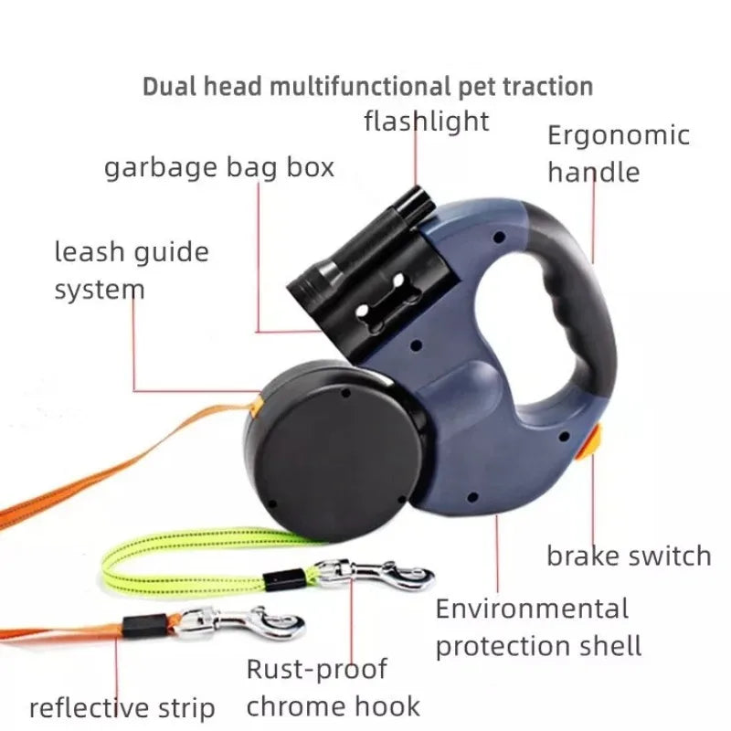 2 in 1 Multi-functional Double-ended Dog Leash With Automatic Retractor And Light